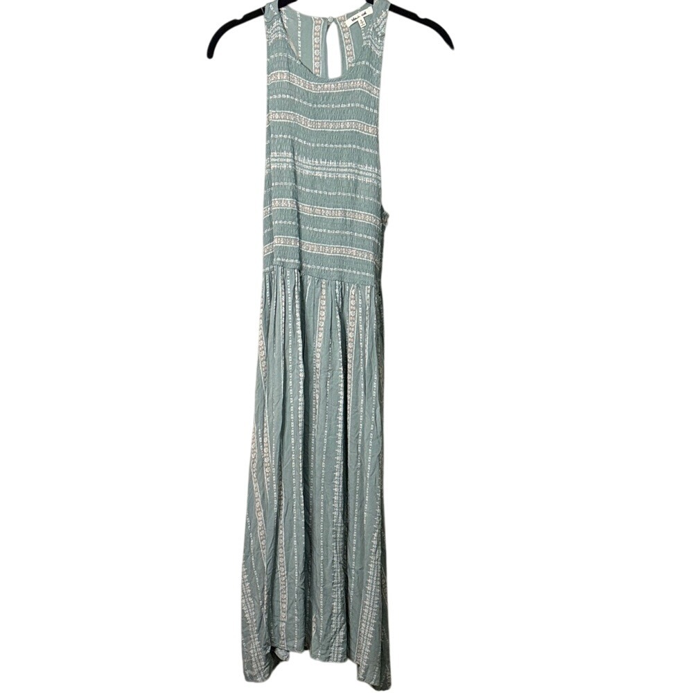 Bleu‎ Ciel Sage Green Smocked Boho Midi Dress Sharkbite Hem Geometric Stripe S